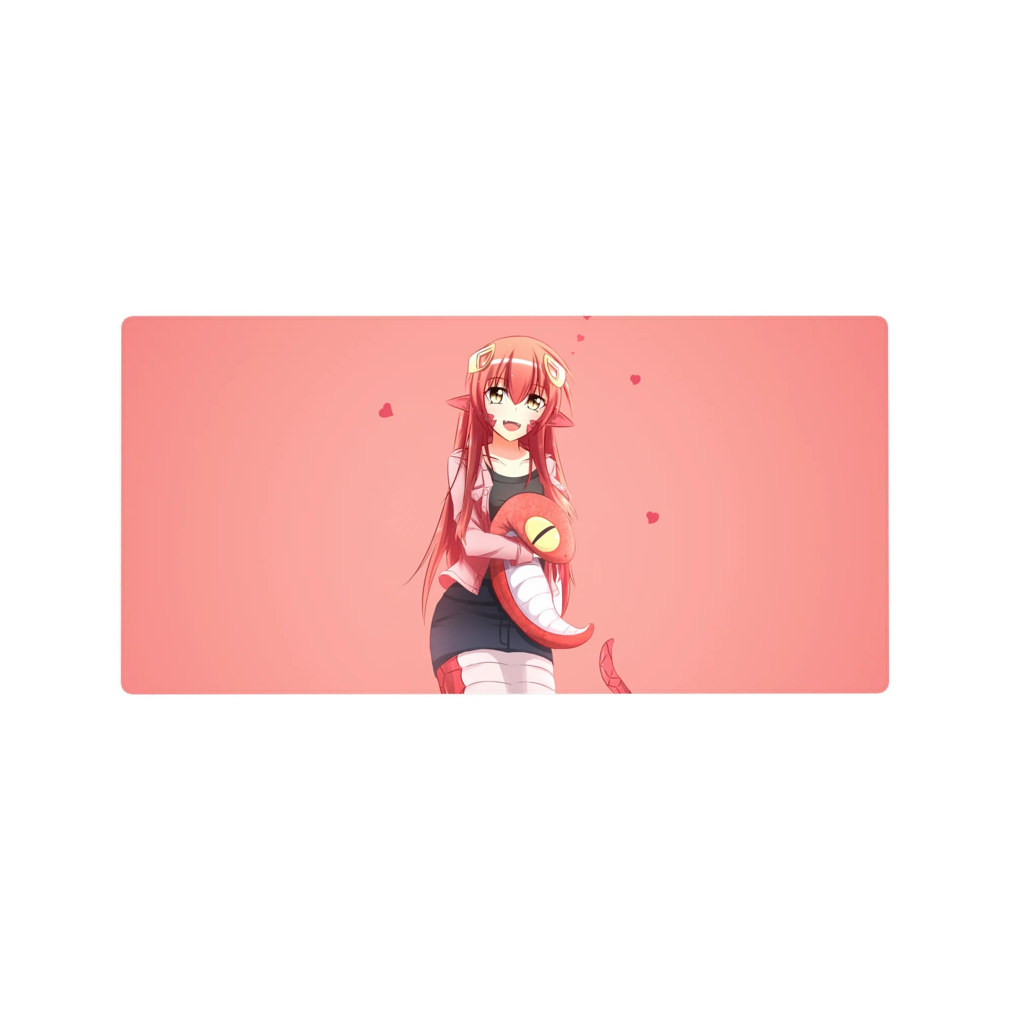 Anime girl mouse pad 32x16 inches with Miia, floating hearts, and a cute pink desk mat design.