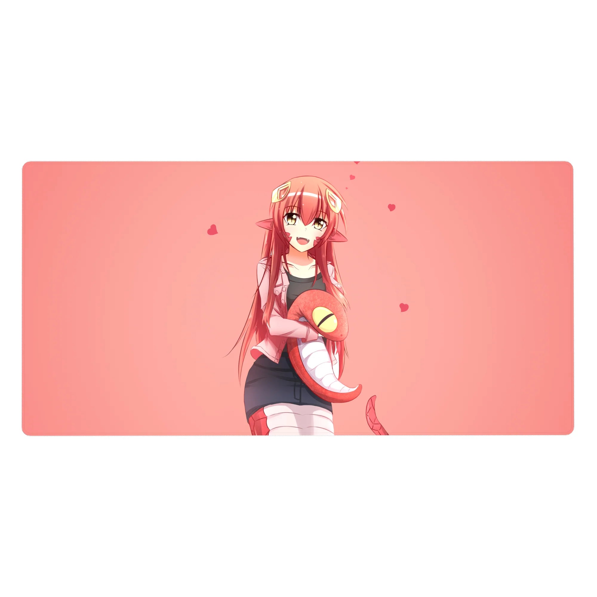 Anime girl desk pad 40x20 inches with Miia lamia art, floating hearts, smooth gaming glide.