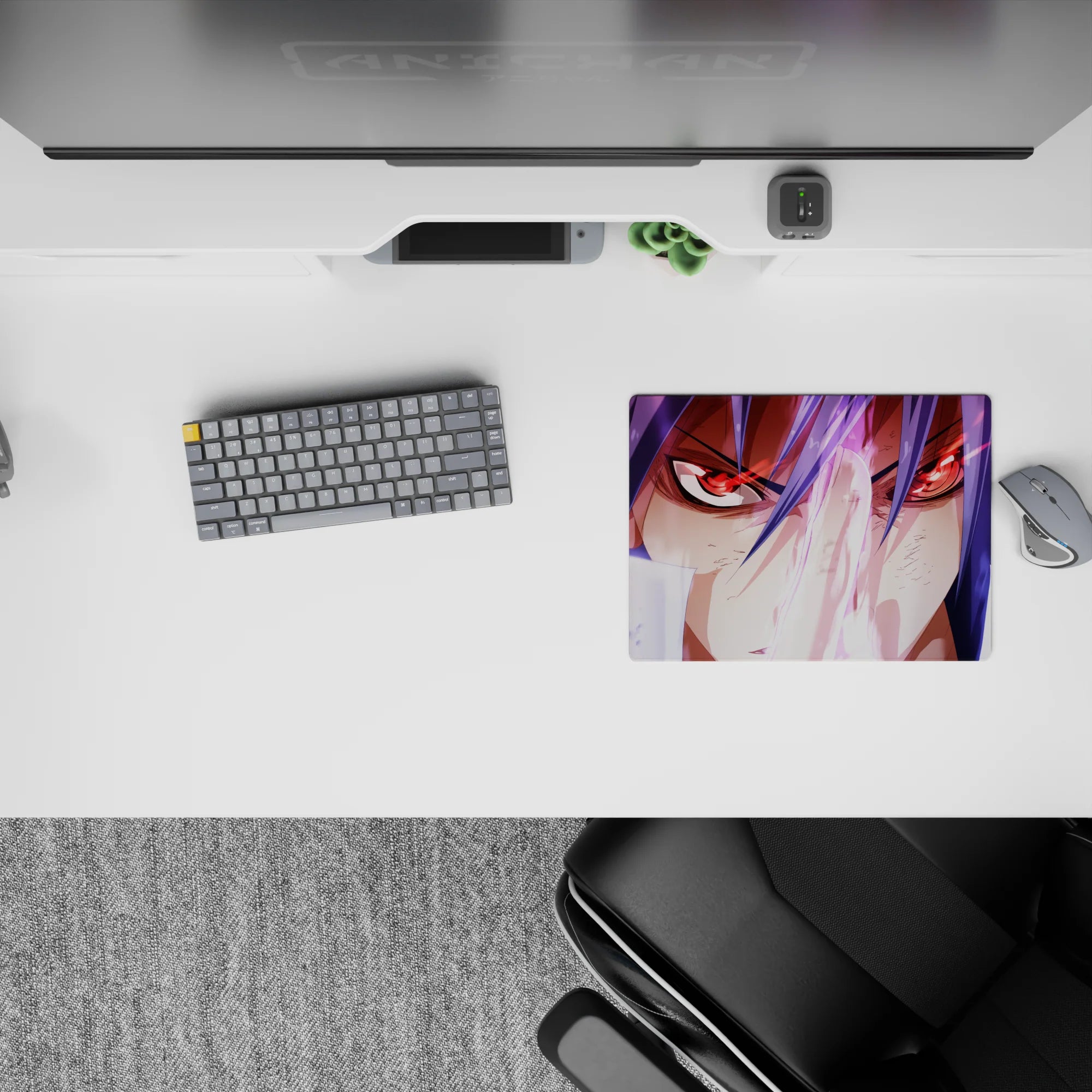 Lavender haze and sharp highlights on a classic anime mouse pad 14x10 inches, intense dramatic vibe.