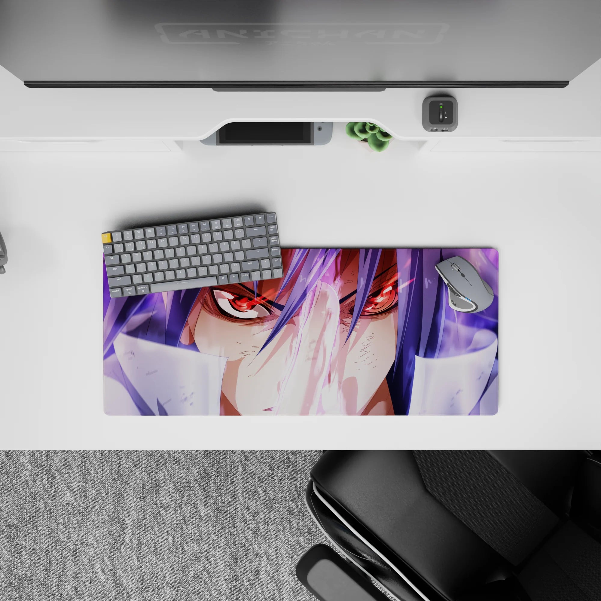 Anime mouse pad 28x12 inches in soft lavender haze with neon streaks, intense battle-focus mood, and glow.
