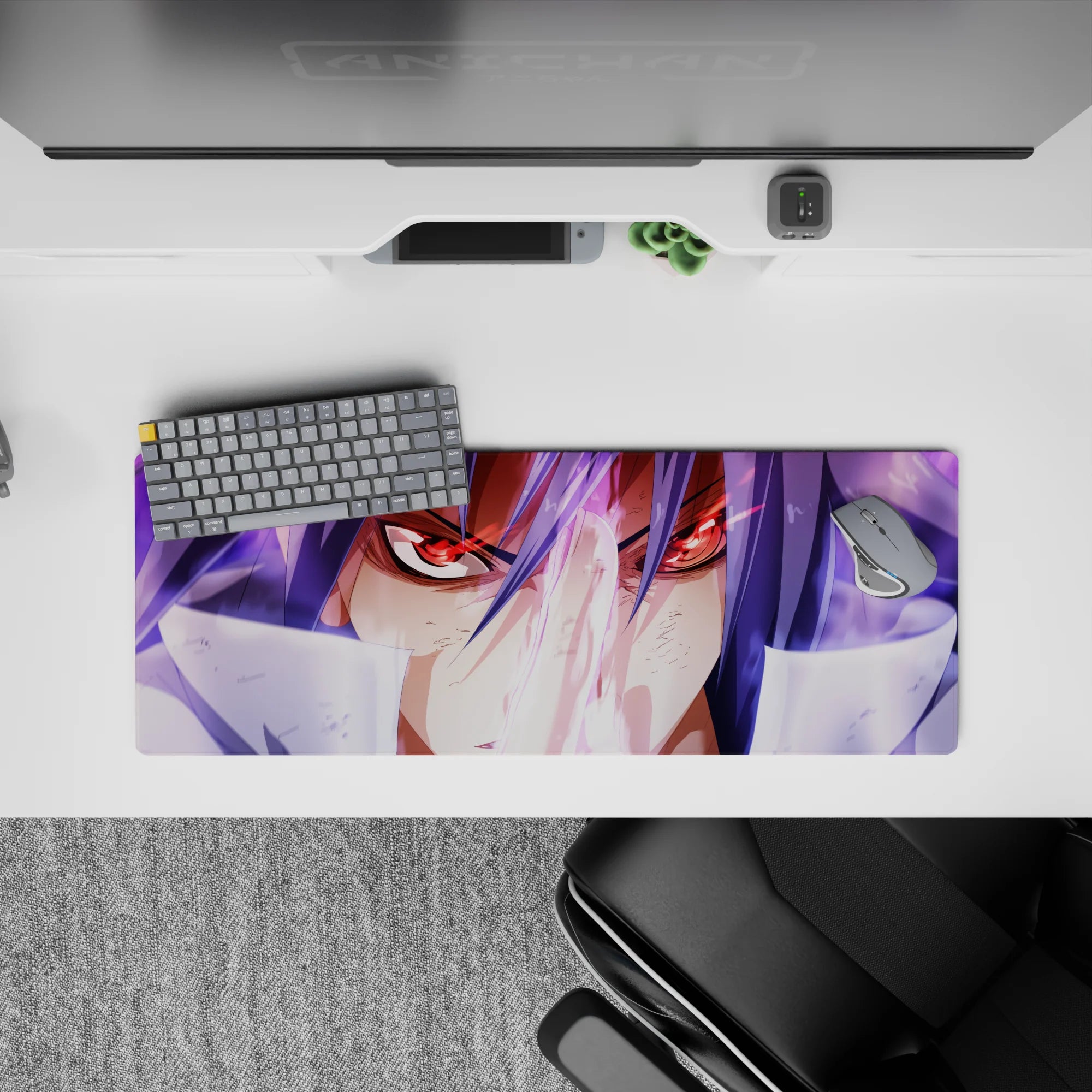 Lavender haze anime mouse pad 32x12 inches, dramatic battle vibe with glowing accents and bold reds.