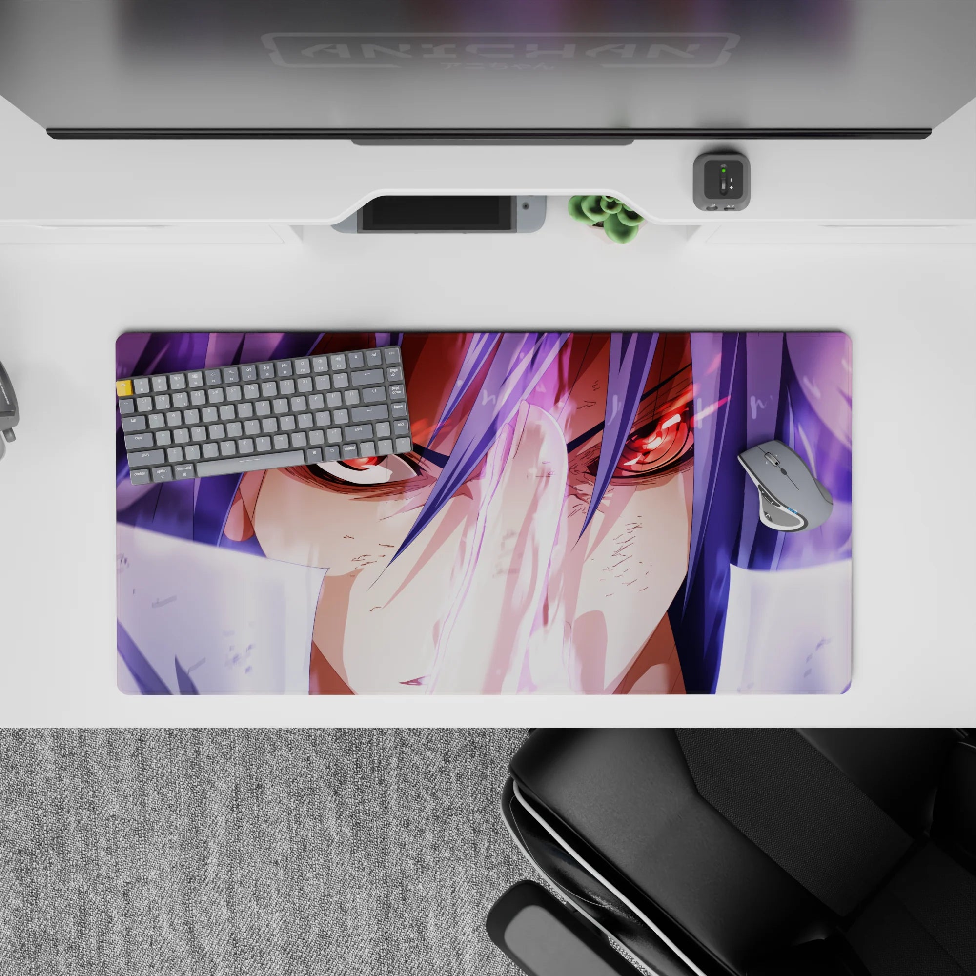 Anime mouse pad 32x16 inches in soft lavender haze with neon accents, intense battle vibe, dramatic desk decor.