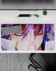 Anime mouse pad 32x16 inches in soft lavender haze with neon accents, intense battle vibe, dramatic desk decor.