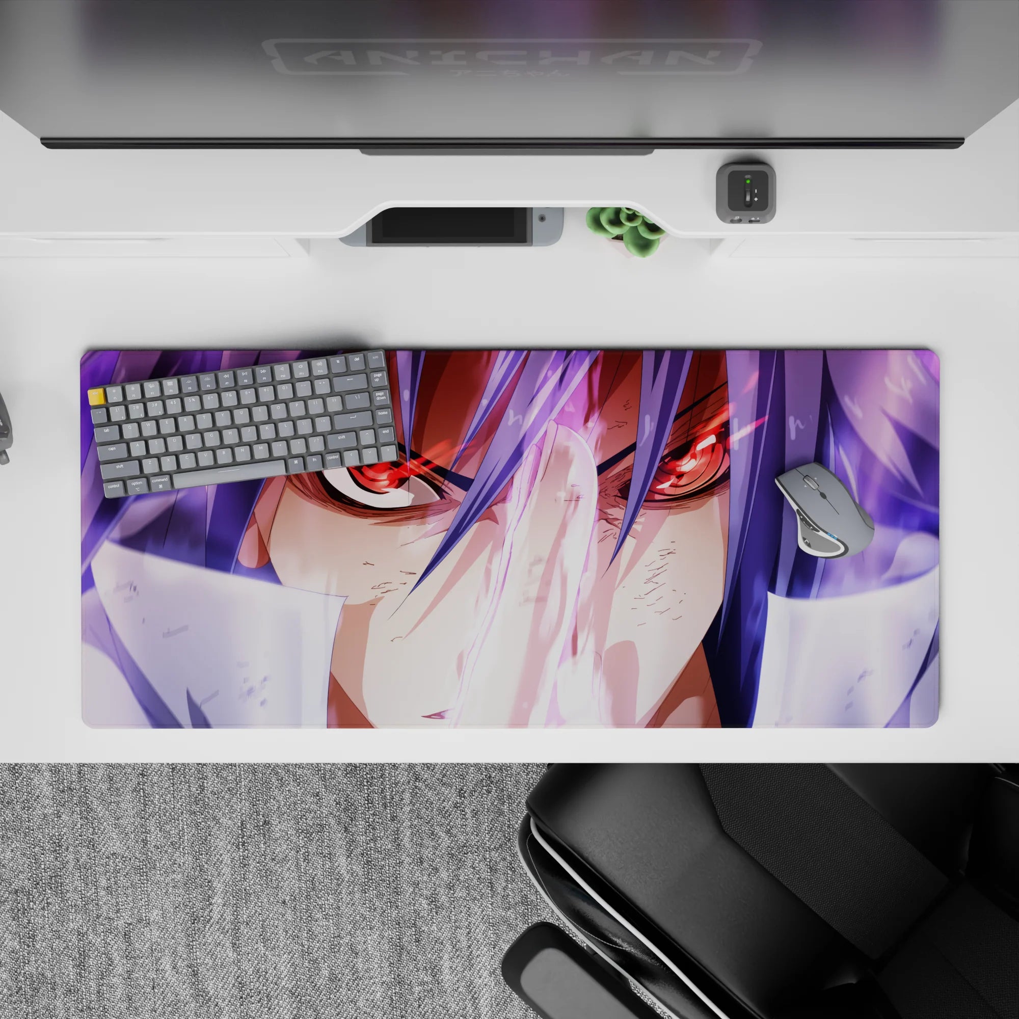 Lavender haze anime desk pad 36x16 inches, dramatic battle-focus mood with sharp highlights and neon.