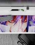 Lavender haze anime desk pad 36x16 inches, dramatic battle-focus mood with sharp highlights and neon.