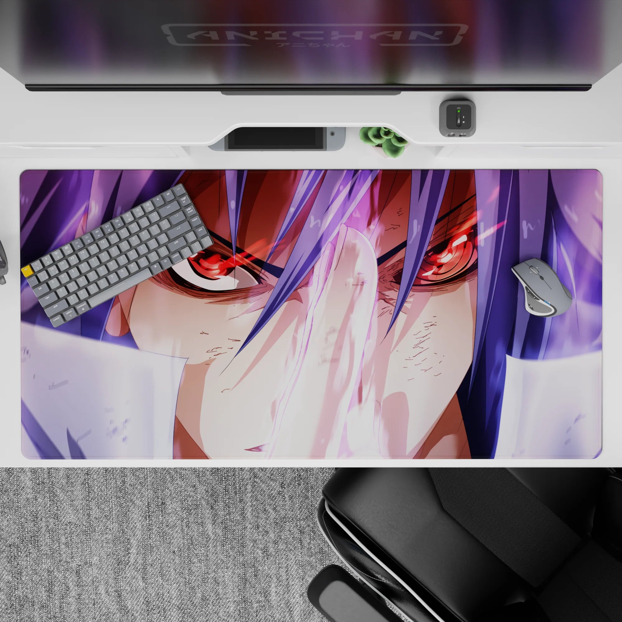 Lavender haze anime desk pad 40x20 inches with dramatic battle mood, glowing accents, and vivid contrast.