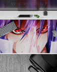 Lavender haze anime desk pad 40x20 inches with dramatic battle mood, glowing accents, and vivid contrast.