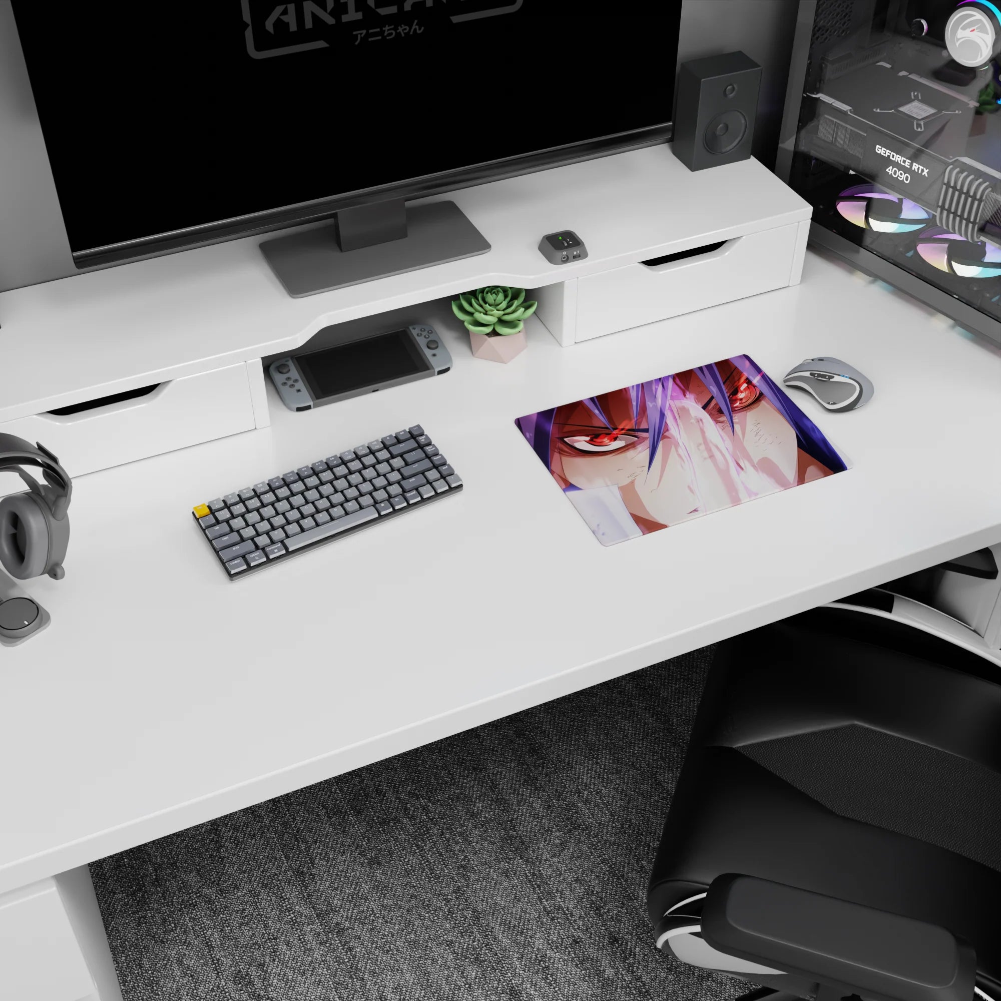 Violet-haired anime warrior with a locked-in stare and glowing red eyes on a 14x10 inches classic mouse pad.