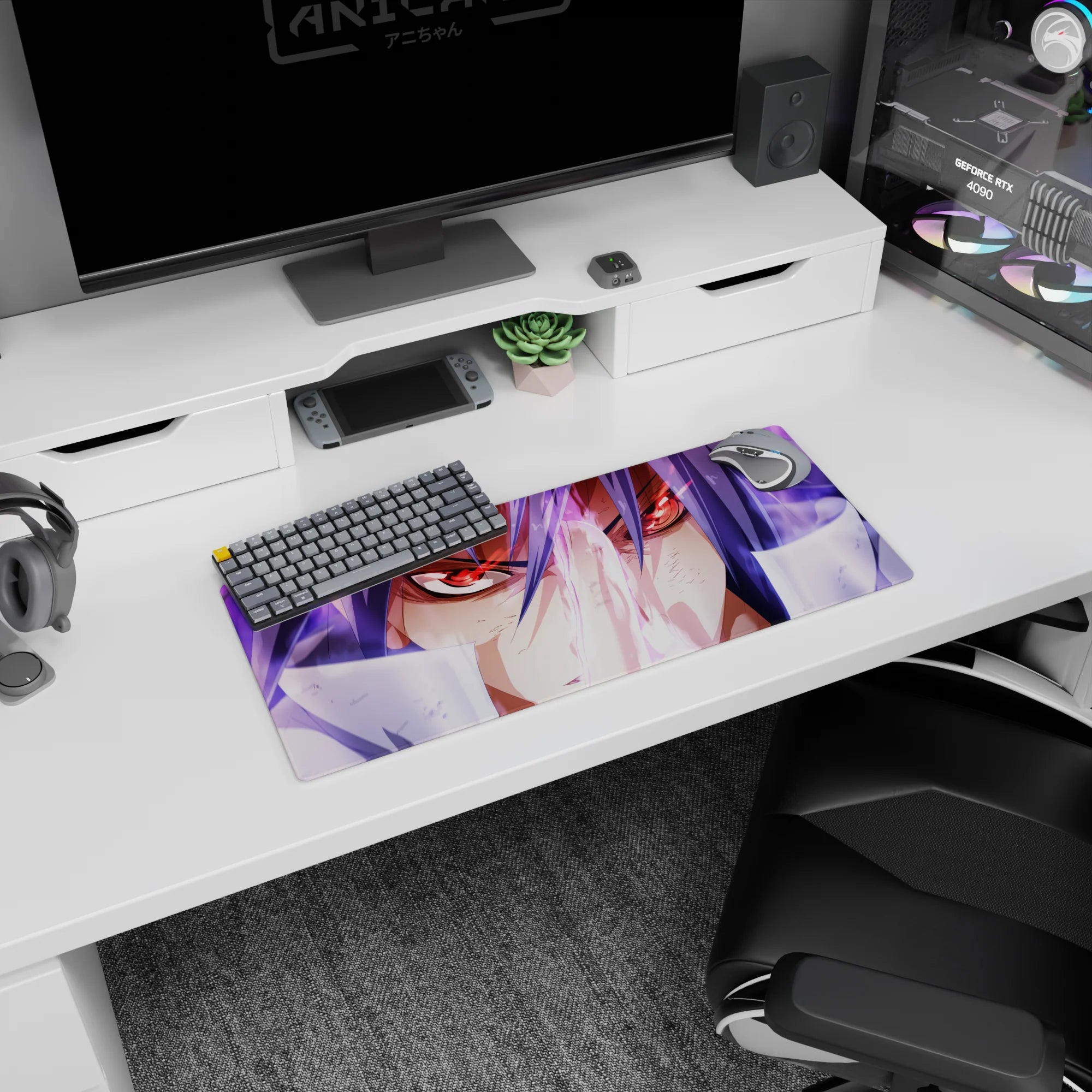 Anime mouse pad 28x12 inches showing a red-eyed, violet-haired fighter locked in a don't-blink stare mid-attack.
