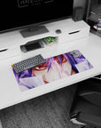 Anime mouse pad 28x12 inches showing a red-eyed, violet-haired fighter locked in a don't-blink stare mid-attack.