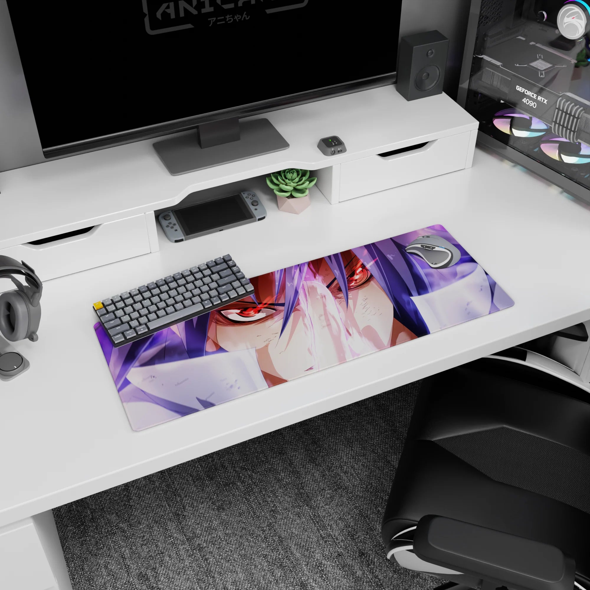 Red-eyed, violet-haired anime warrior locked in a battle stare on a 32x12 inches extended mouse pad.