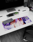 Red-eyed, violet-haired anime warrior locked in a battle stare on a 32x12 inches extended mouse pad.