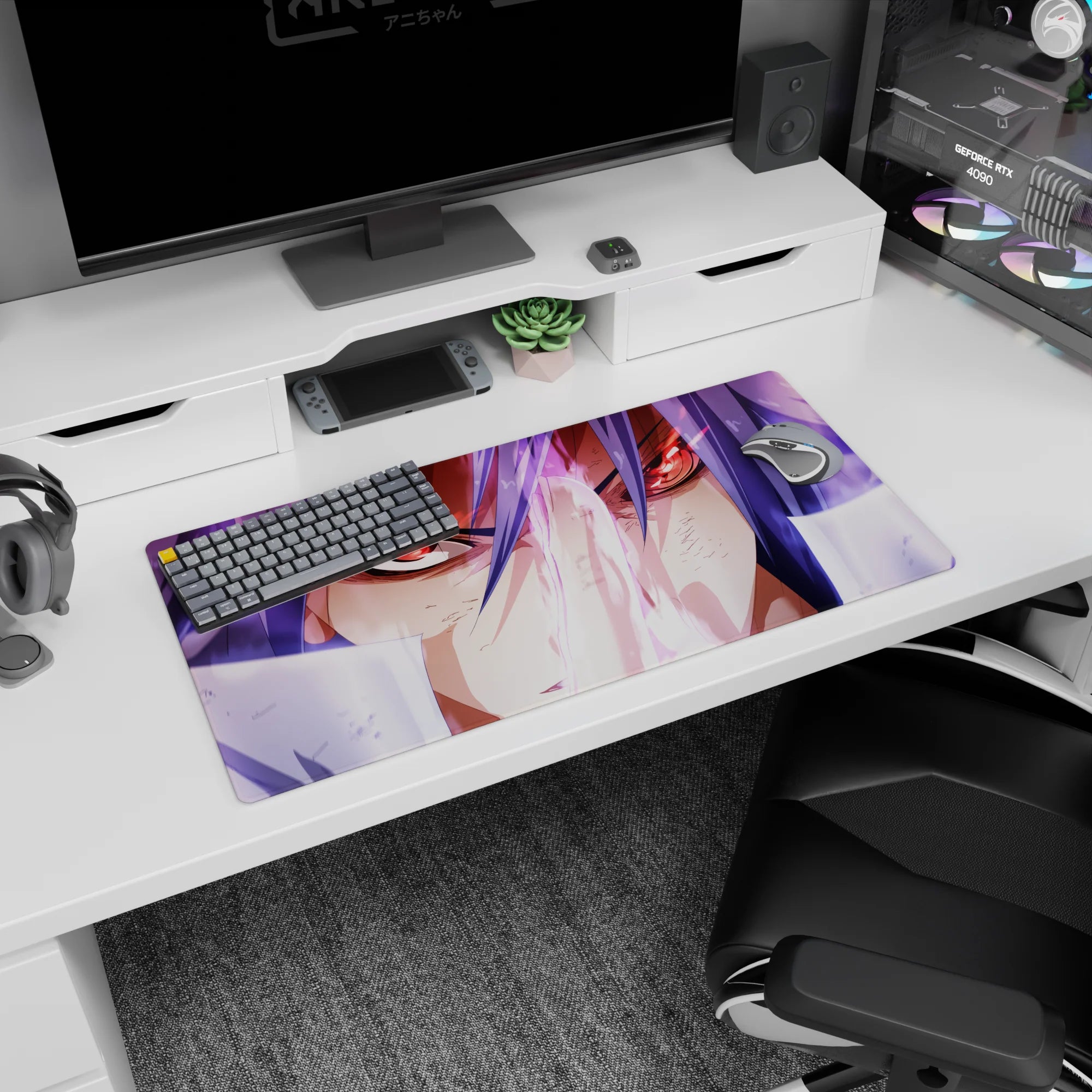 Anime mouse pad 32x16 inches showing a red-eyed fighter with flowing violet hair, locked-in stare, mid-attack focus.