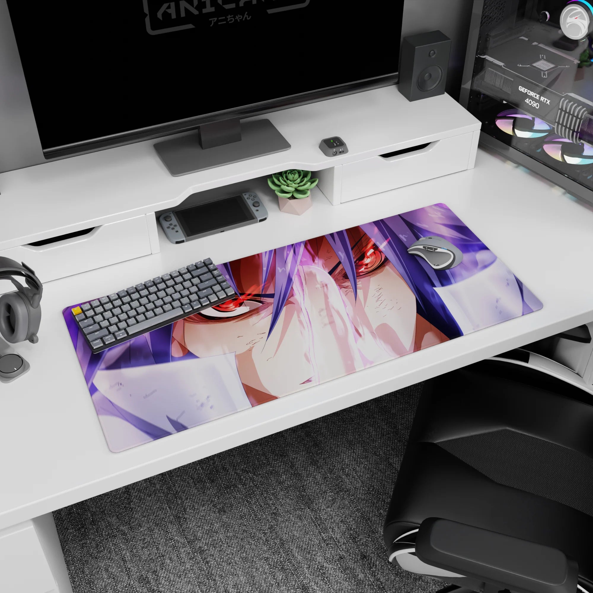 Red-eyed anime warrior with windblown violet hair on desk pad 36x16 inches, locked-in stare scene.