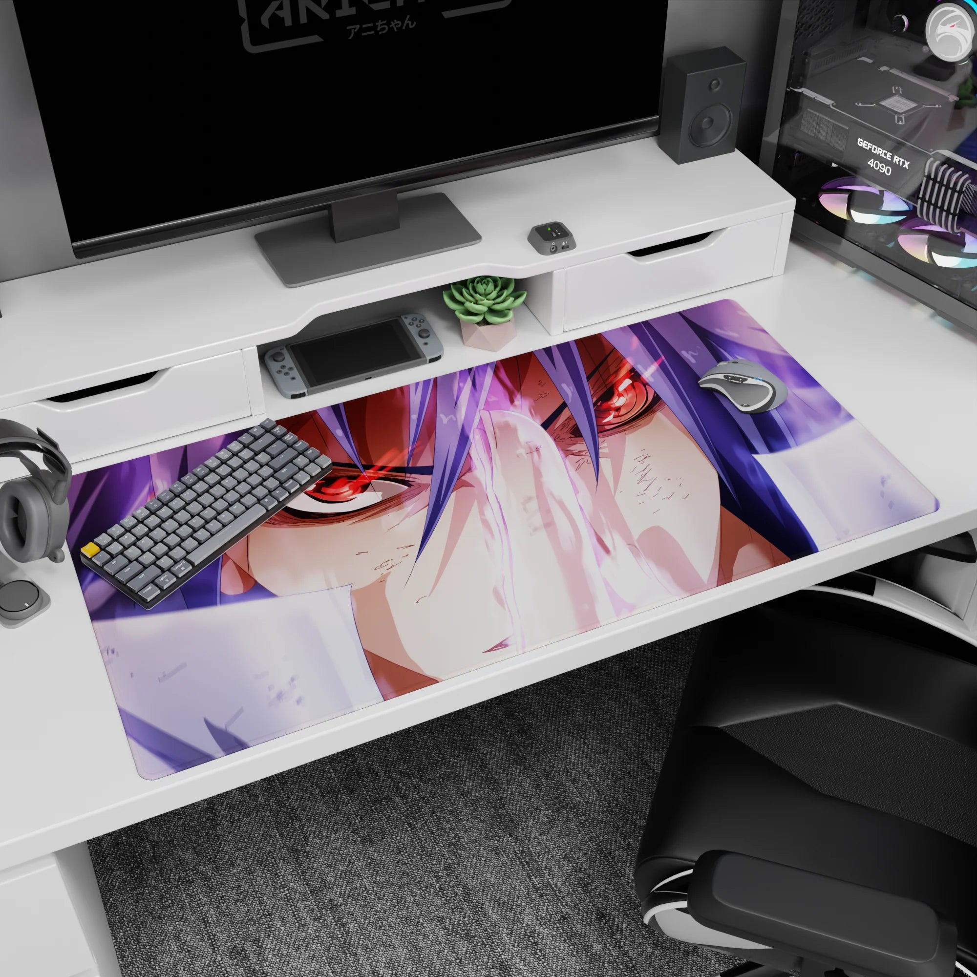 Red-eyed violet-haired anime warrior locked in a battle stare on a 40x20 inches desk pad.