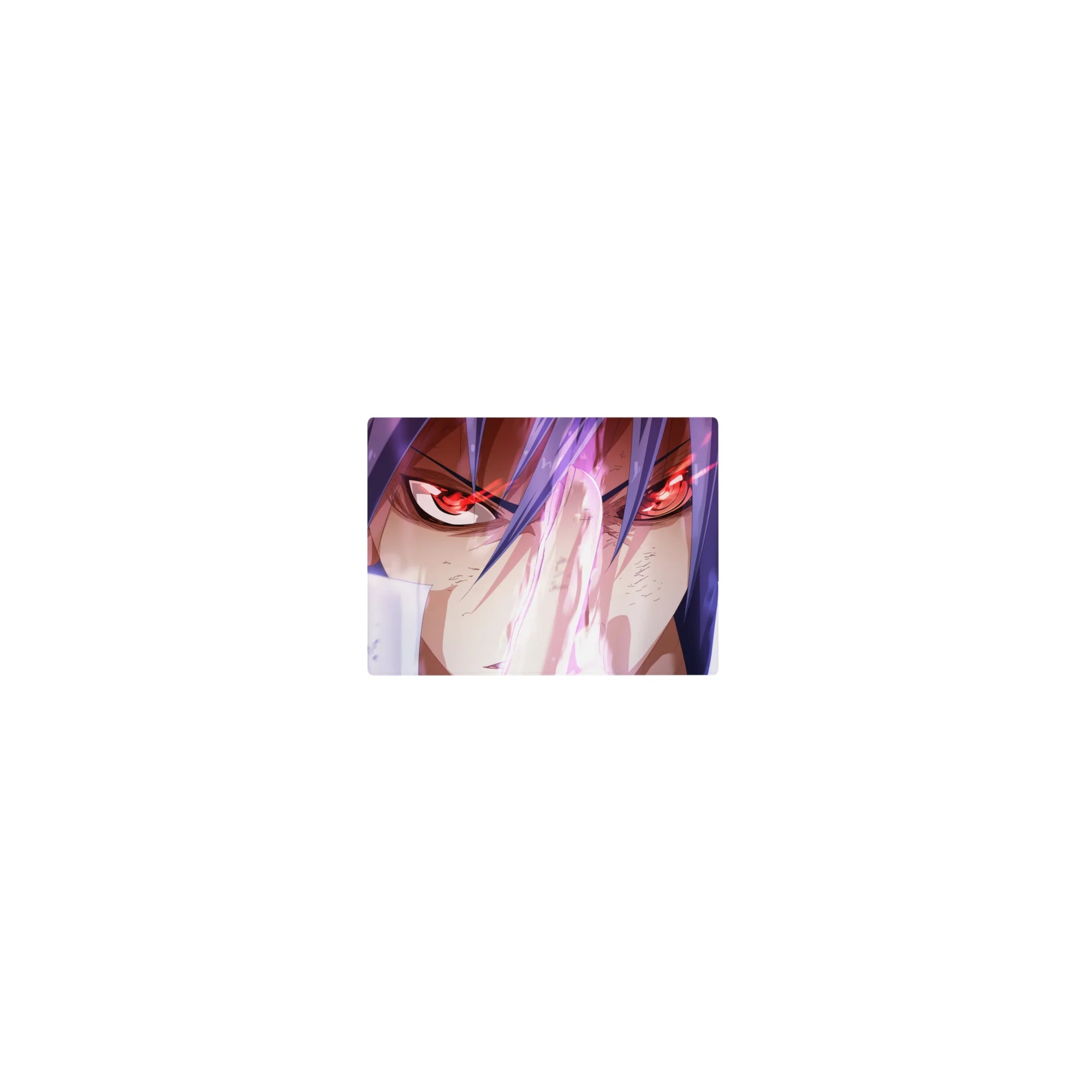 Classic anime mouse pad 14x10 inches with violet-haired fighter, red eyes, neon streaks, battle-ready art.