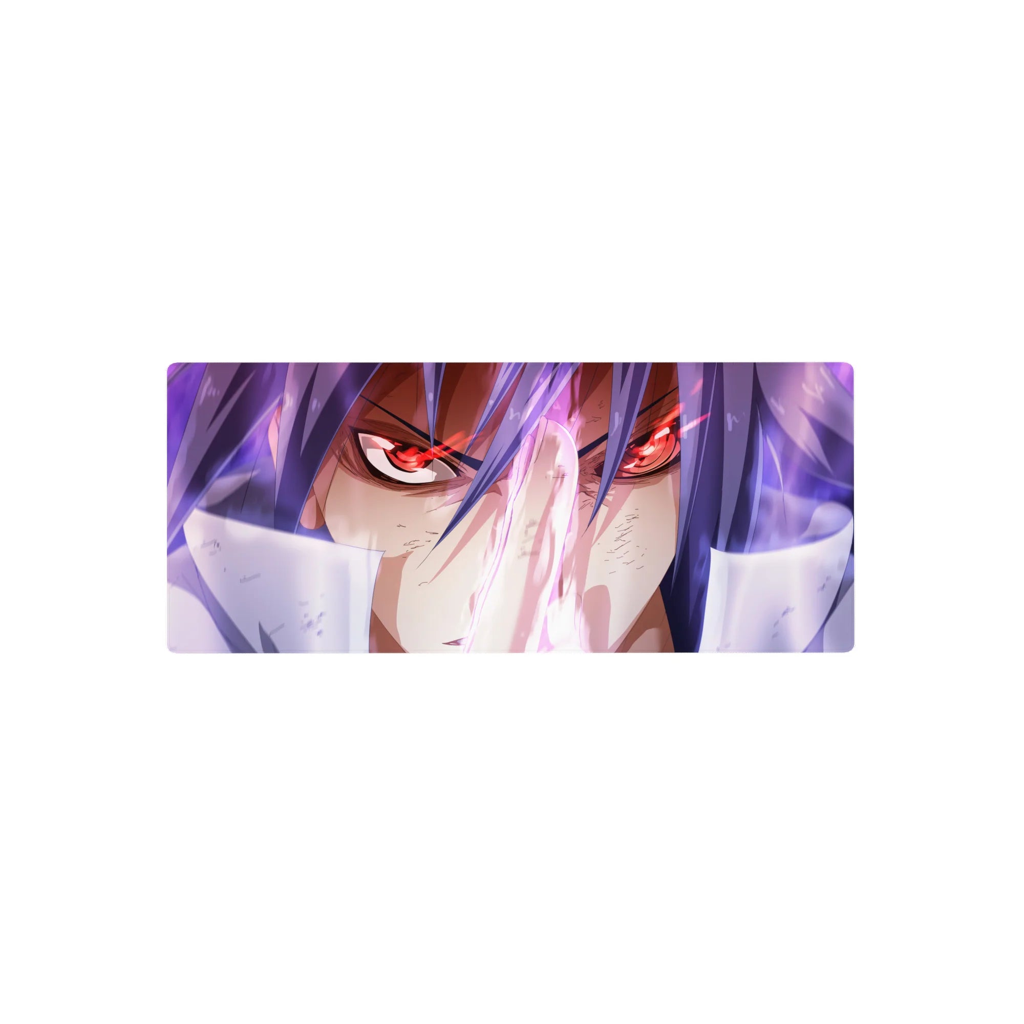 Anime mouse pad 28x12 inches with fierce red-eyed warrior, violet hair, neon highlights, and sharp detail.