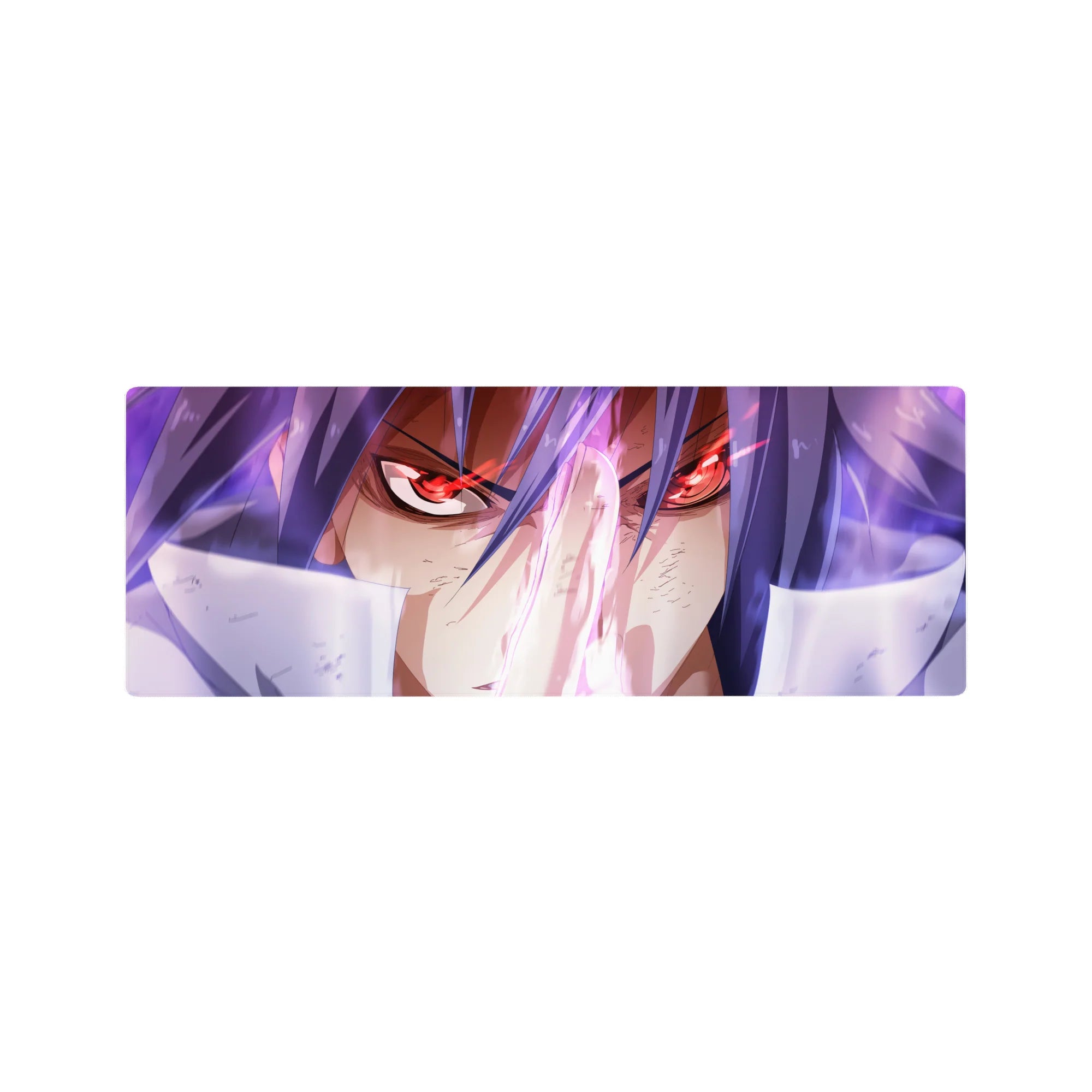 Anime mouse pad 32x12 inches with red-eyed fighter, violet hair, neon streaks, and sharp highlights.