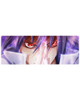 Anime mouse pad 32x12 inches with red-eyed fighter, violet hair, neon streaks, and sharp highlights.