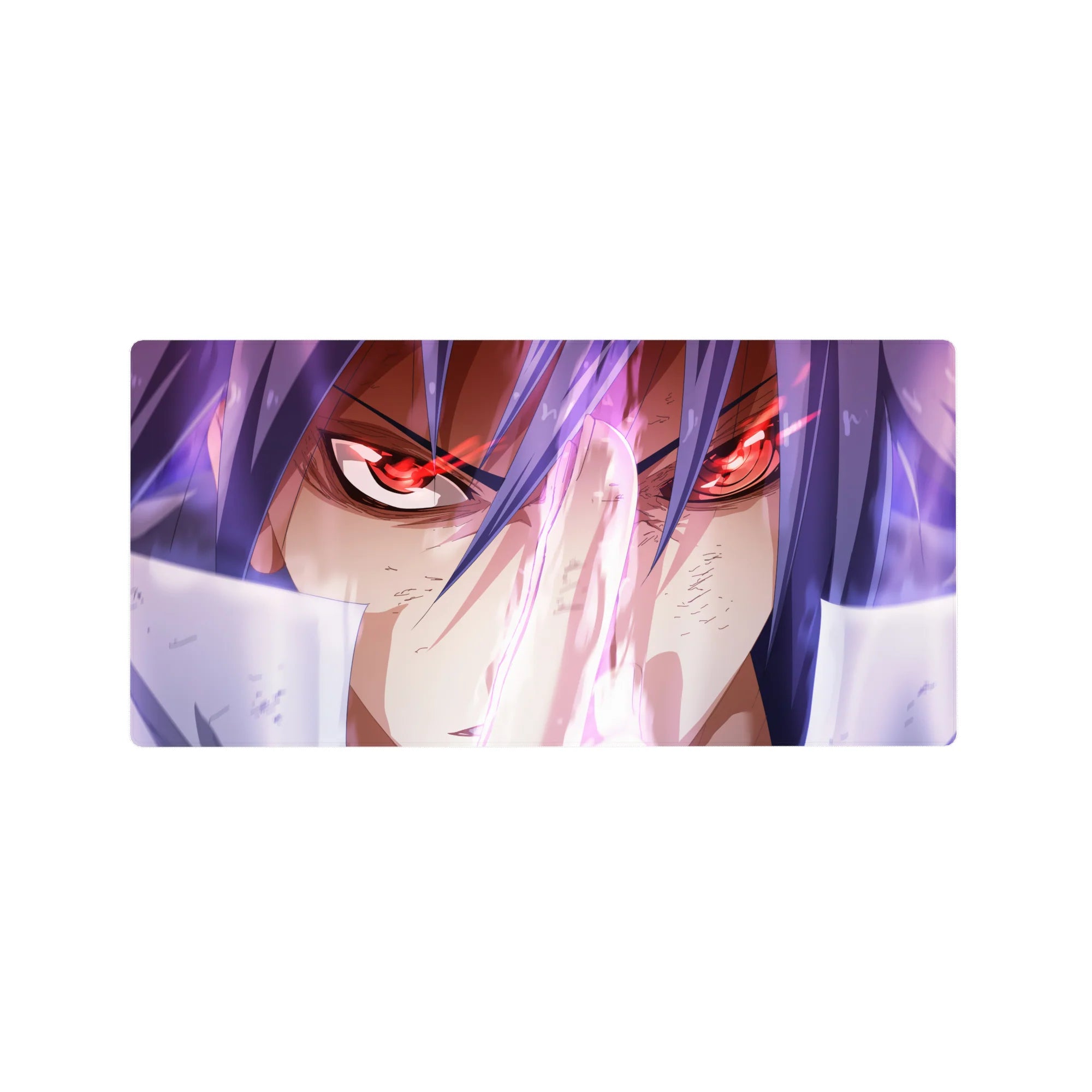 Anime mouse pad 32x16 inches with fierce red-eyed warrior, violet hair, neon streaks, and sharp highlights.