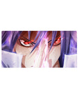 Anime mouse pad 32x16 inches with fierce red-eyed warrior, violet hair, neon streaks, and sharp highlights.
