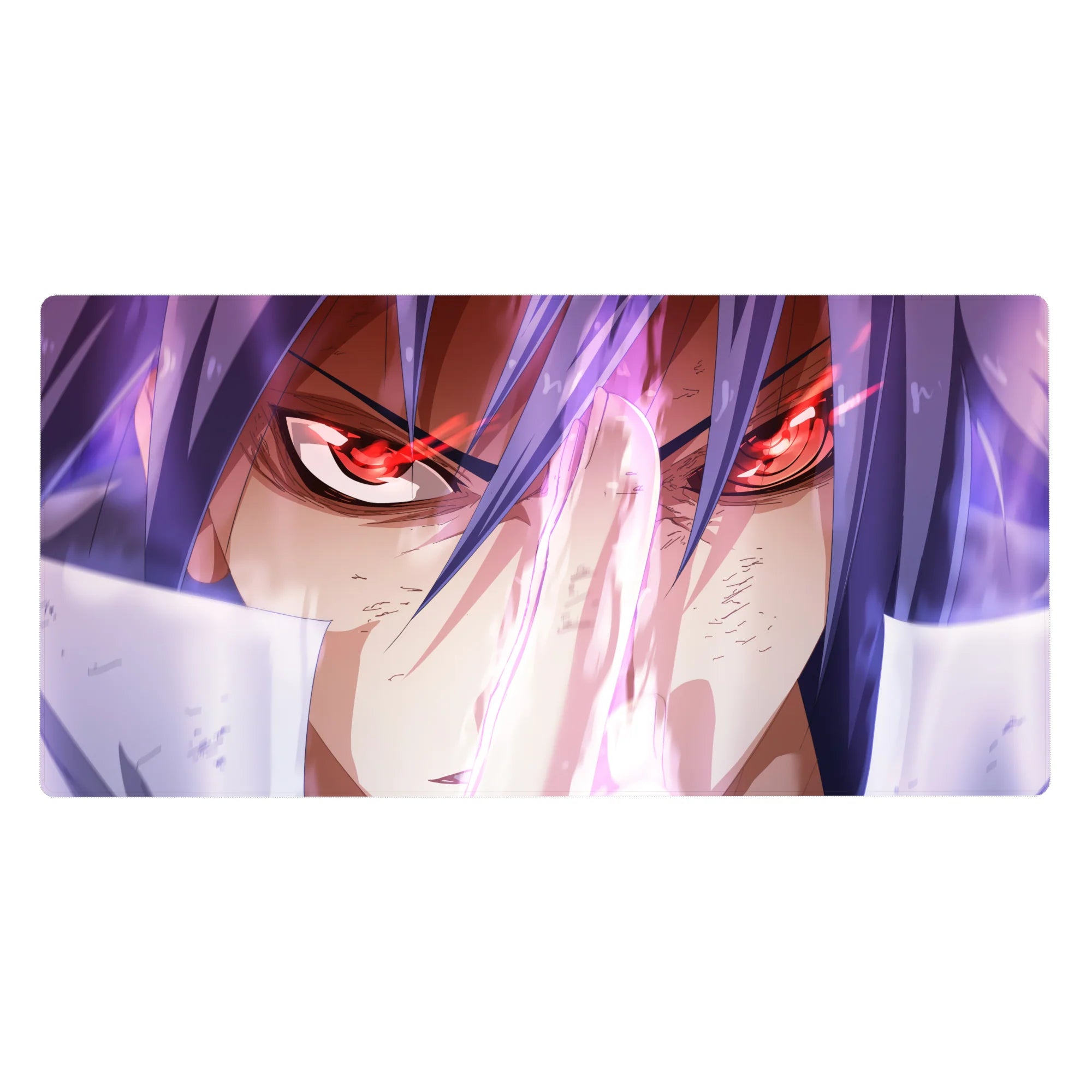 Anime desk pad 40x20 inches with intense red-eyed fighter, violet hair, neon streaks, and sharp highlights.