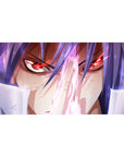 Anime desk pad 40x20 inches with intense red-eyed fighter, violet hair, neon streaks, and sharp highlights.