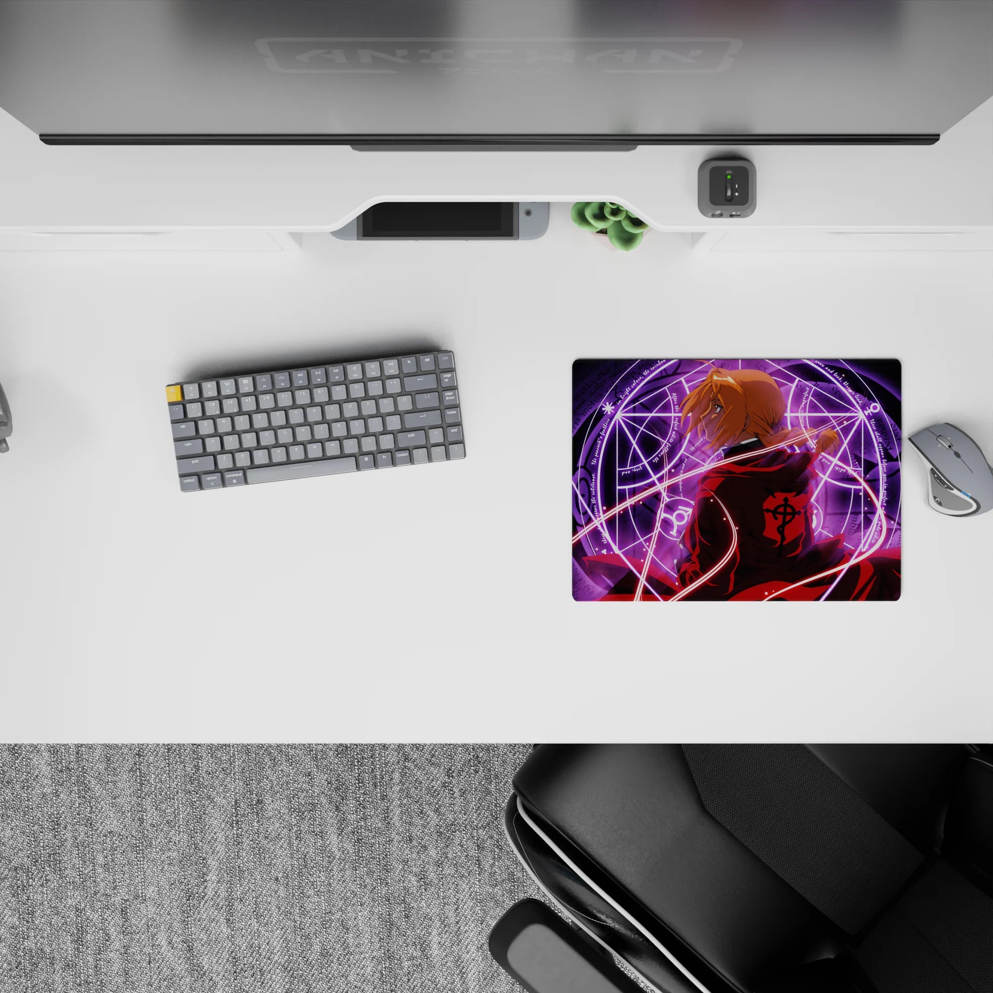 Classic anime mouse pad in red, violet, and shadowy tones with intense alchemy glow, 14x10 inches.