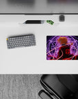 Classic anime mouse pad in red, violet, and shadowy tones with intense alchemy glow, 14x10 inches.