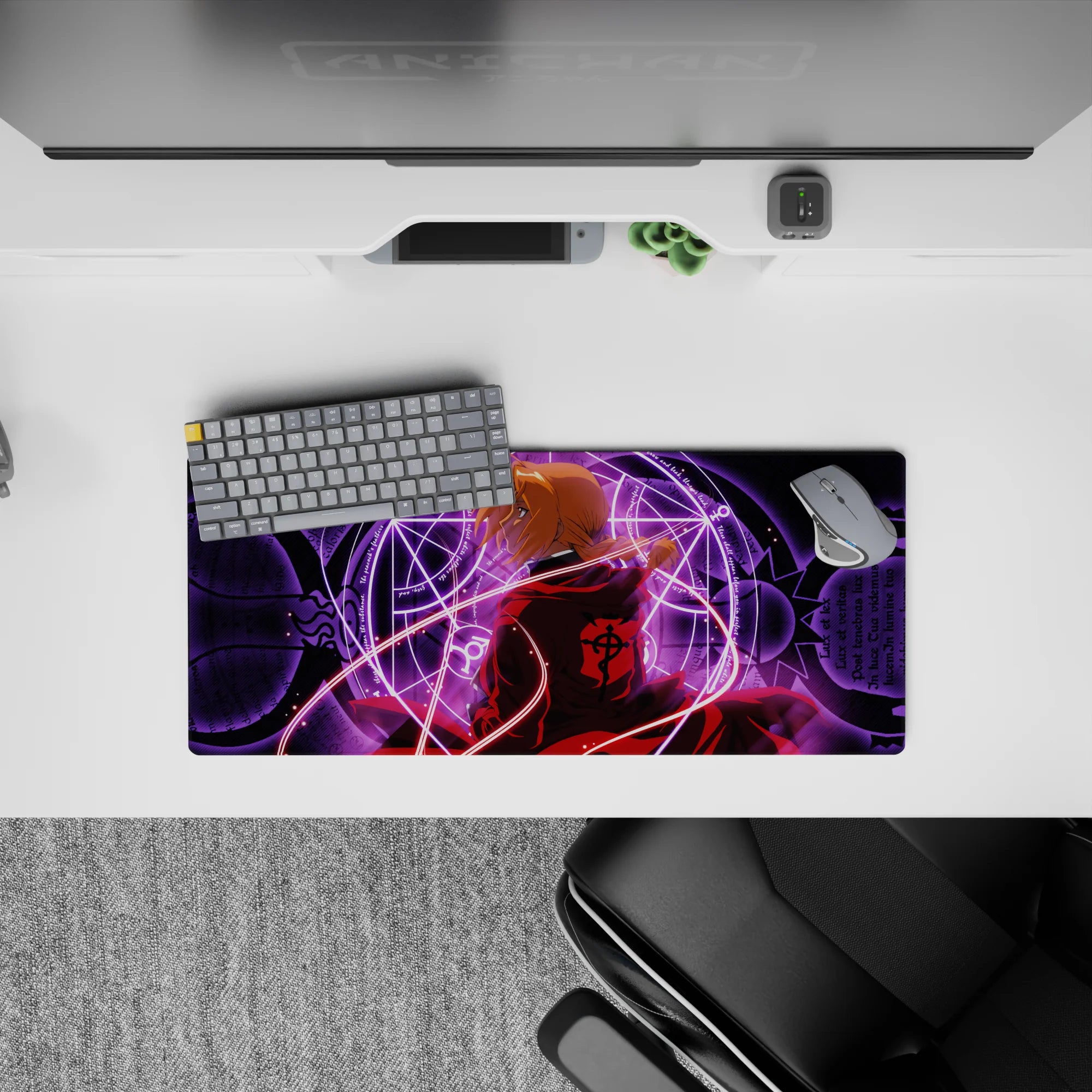 28x12 inches anime desk pad in crimson, violet, and shadowy tones with an intense alchemy glow.