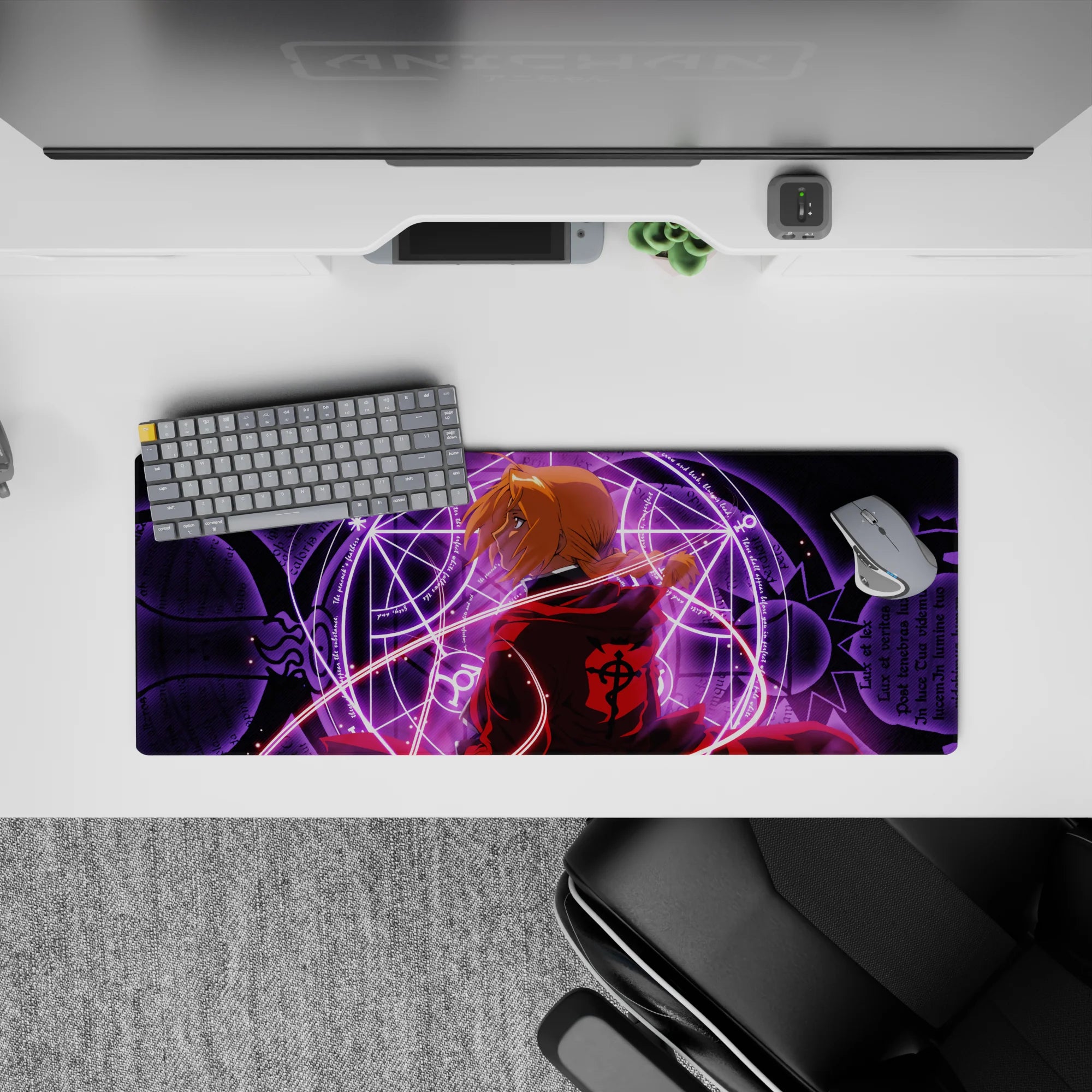 32x12 inches anime desk pad with crimson, violet, and shadowy tones in an intense alchemy scene.