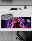 32x12 inches anime desk pad with crimson, violet, and shadowy tones in an intense alchemy scene.