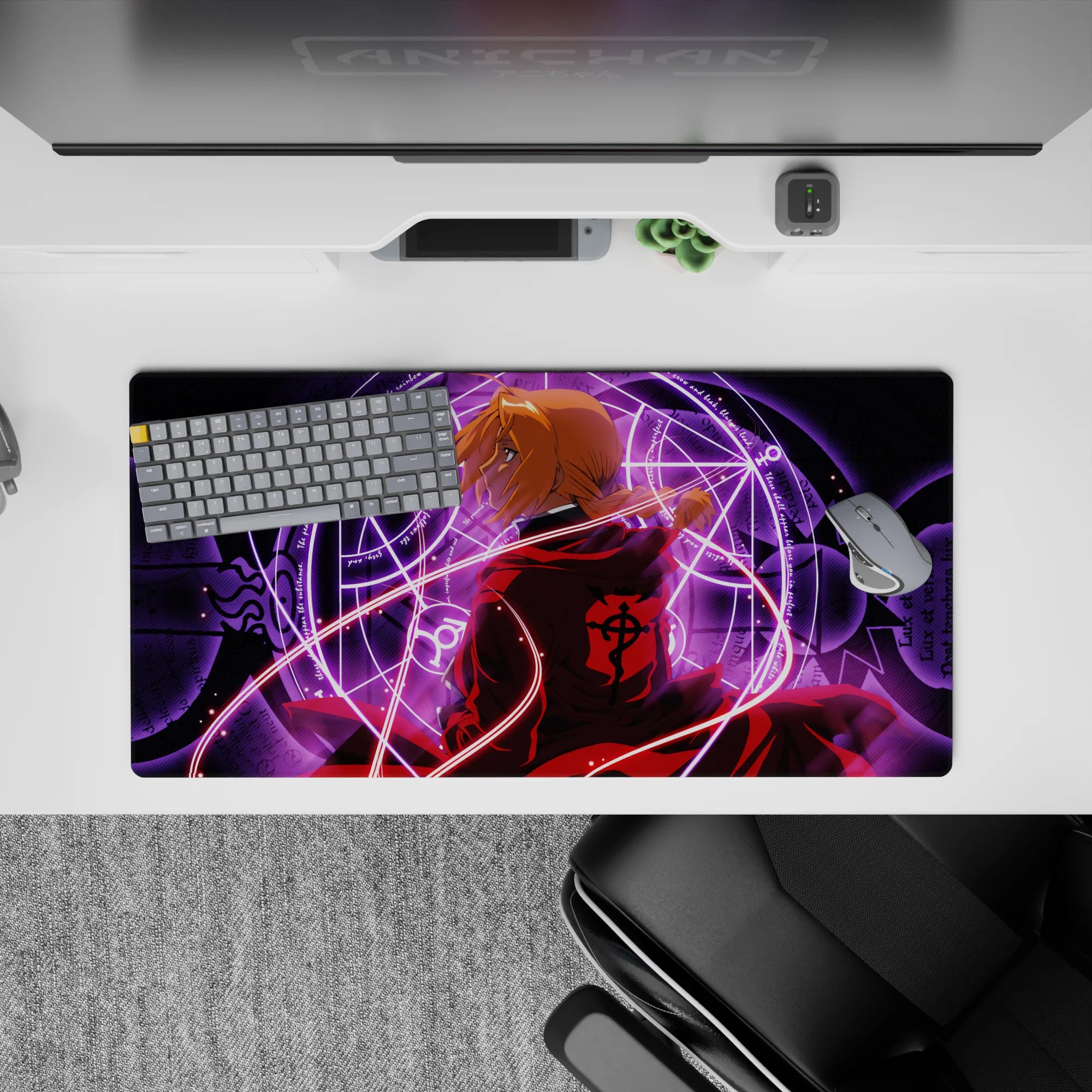 Anime desk pad 32x16 inches with crimson, violet glow, golden hair, and intense alchemy mood.