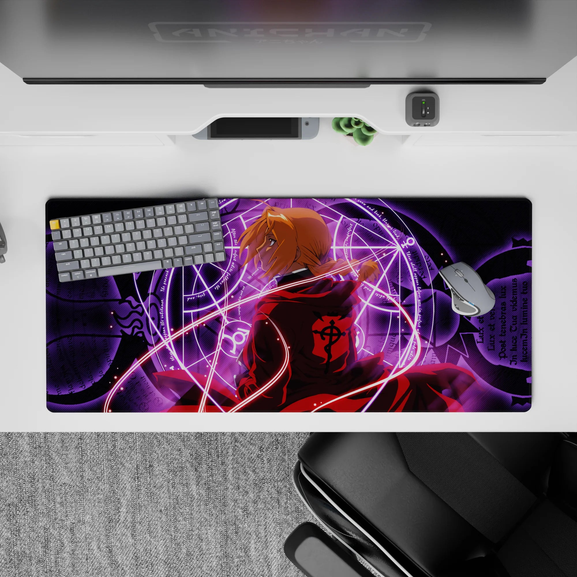 Intense red, violet, and gold anime desk pad with arcane energy design, 36x16 inches.