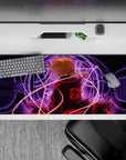 Intense red, violet, and gold anime desk pad with arcane energy design, 36x16 inches.
