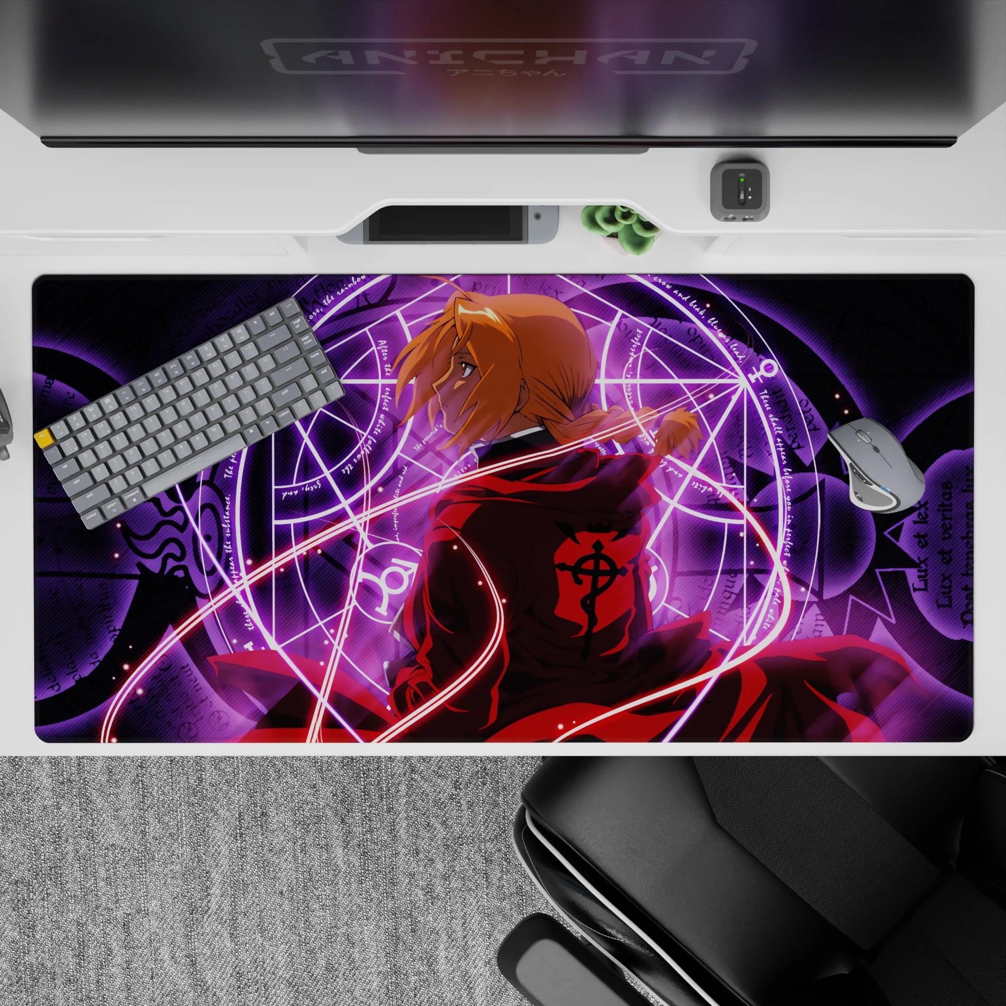 Crimson, violet, and gold anime desk pad with intense alchemy glow, 40x20 inches.