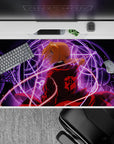 Crimson, violet, and gold anime desk pad with intense alchemy glow, 40x20 inches.