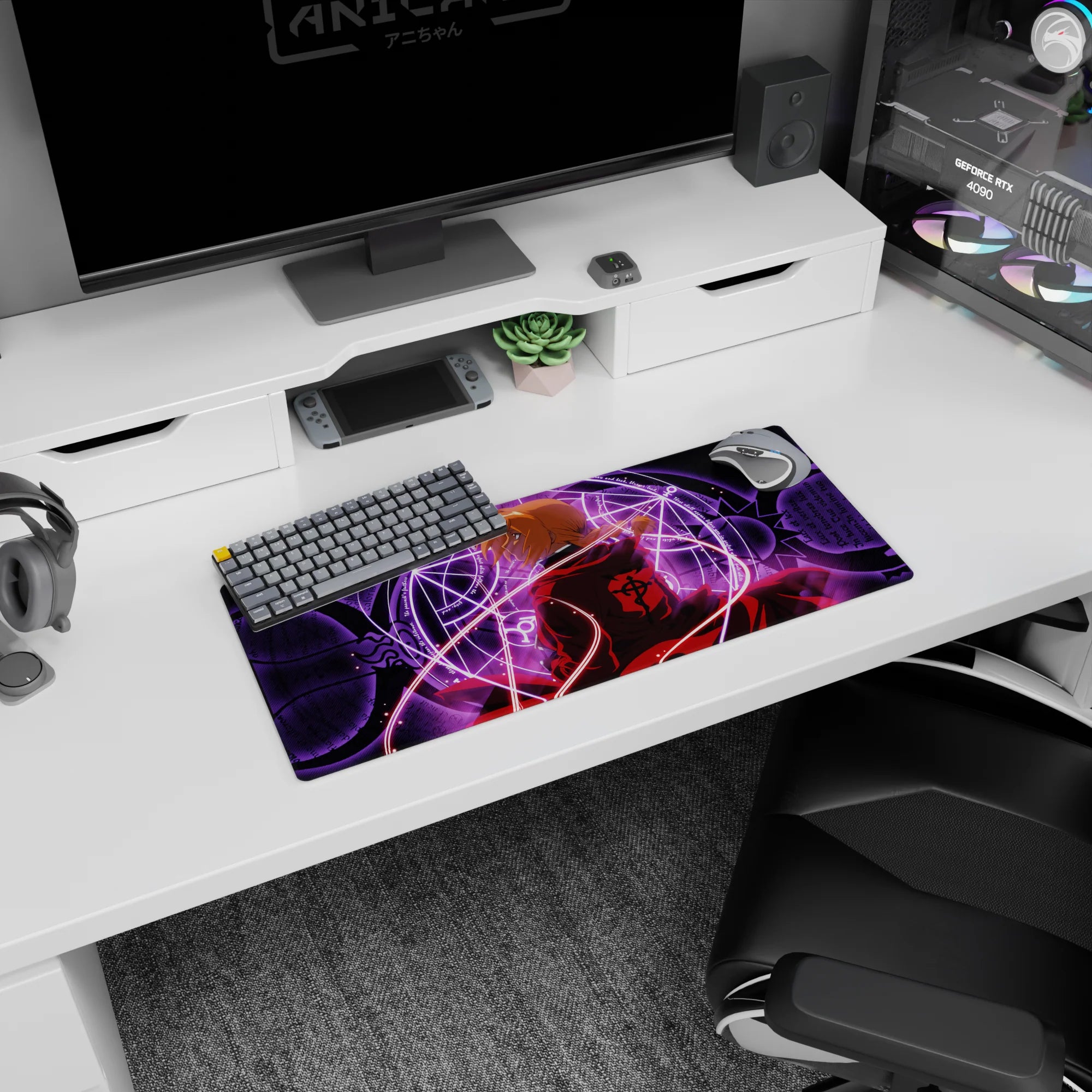 Edward Elric anime mouse pad, 28x12 inches, looking back before a radiant alchemy circle.