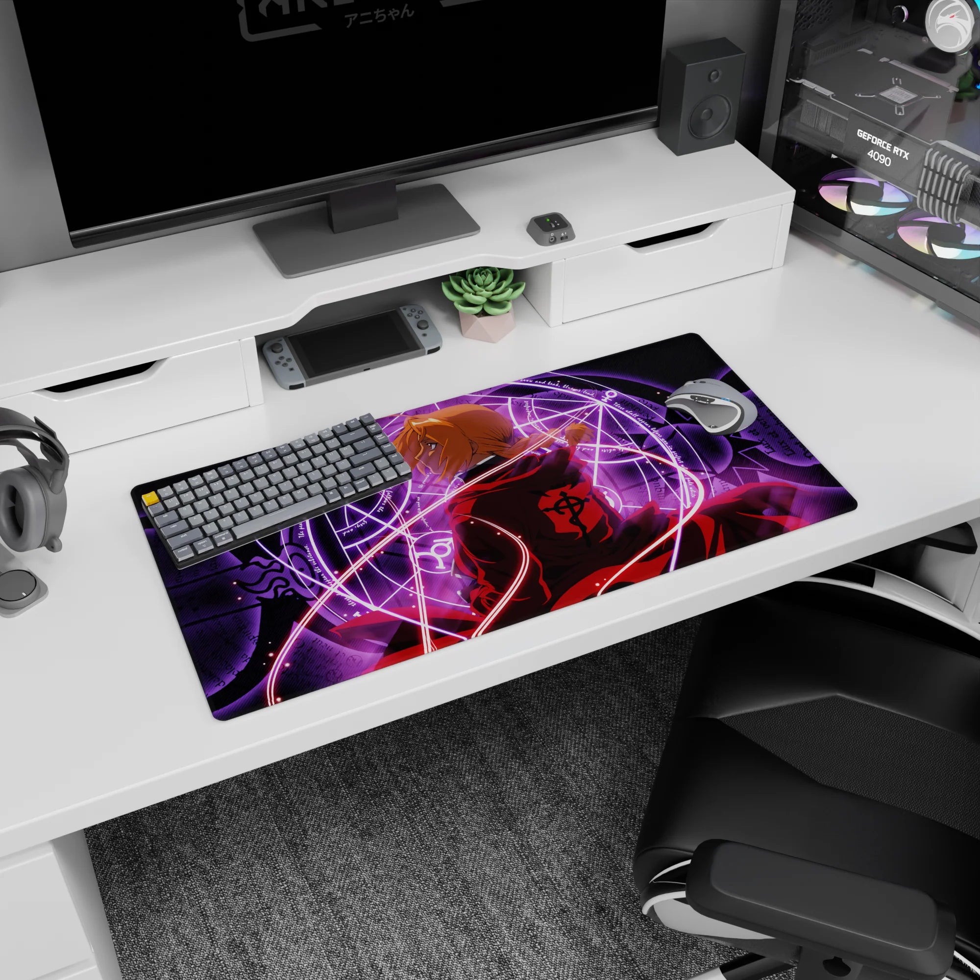 Edward Elric anime mouse pad 32x16 inches turning back before a glowing transmutation circle.