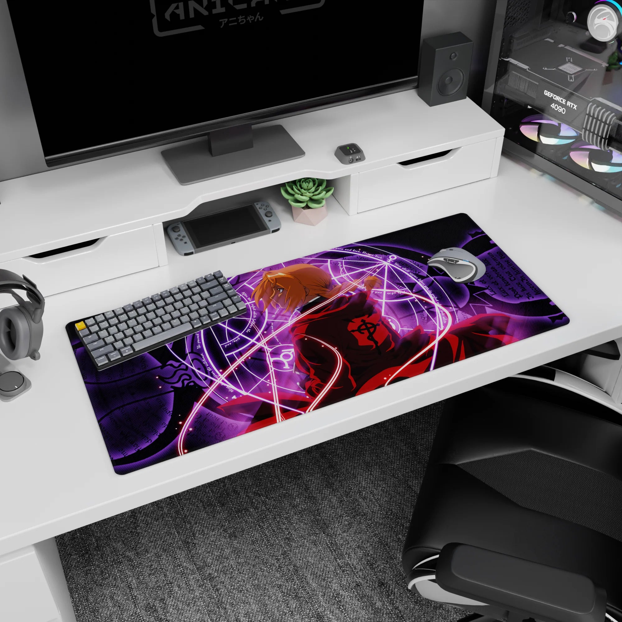 Edward Elric turns over his shoulder in a dramatic alchemy scene on anime desk pad, 36x16 inches.