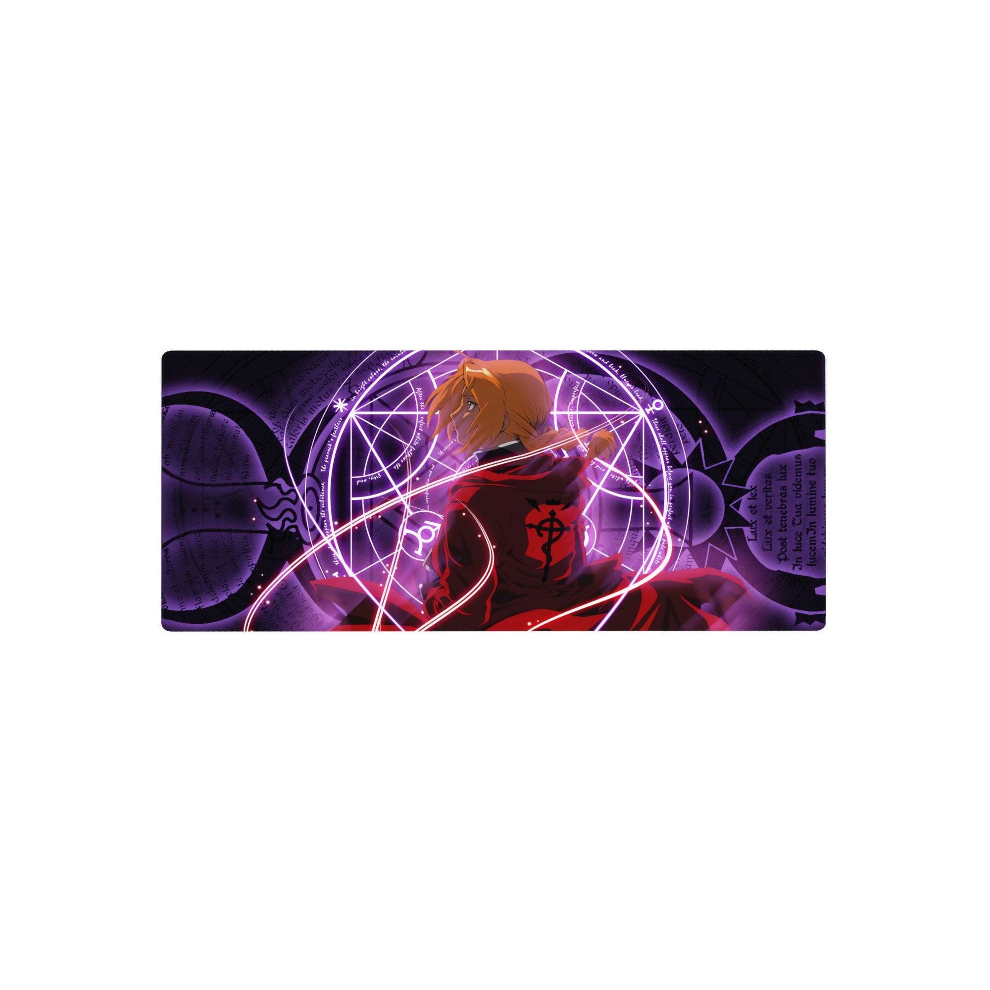 Fullmetal Alchemist anime mouse pad, 28x12 inches, with glowing alchemy circle and dramatic red coat.