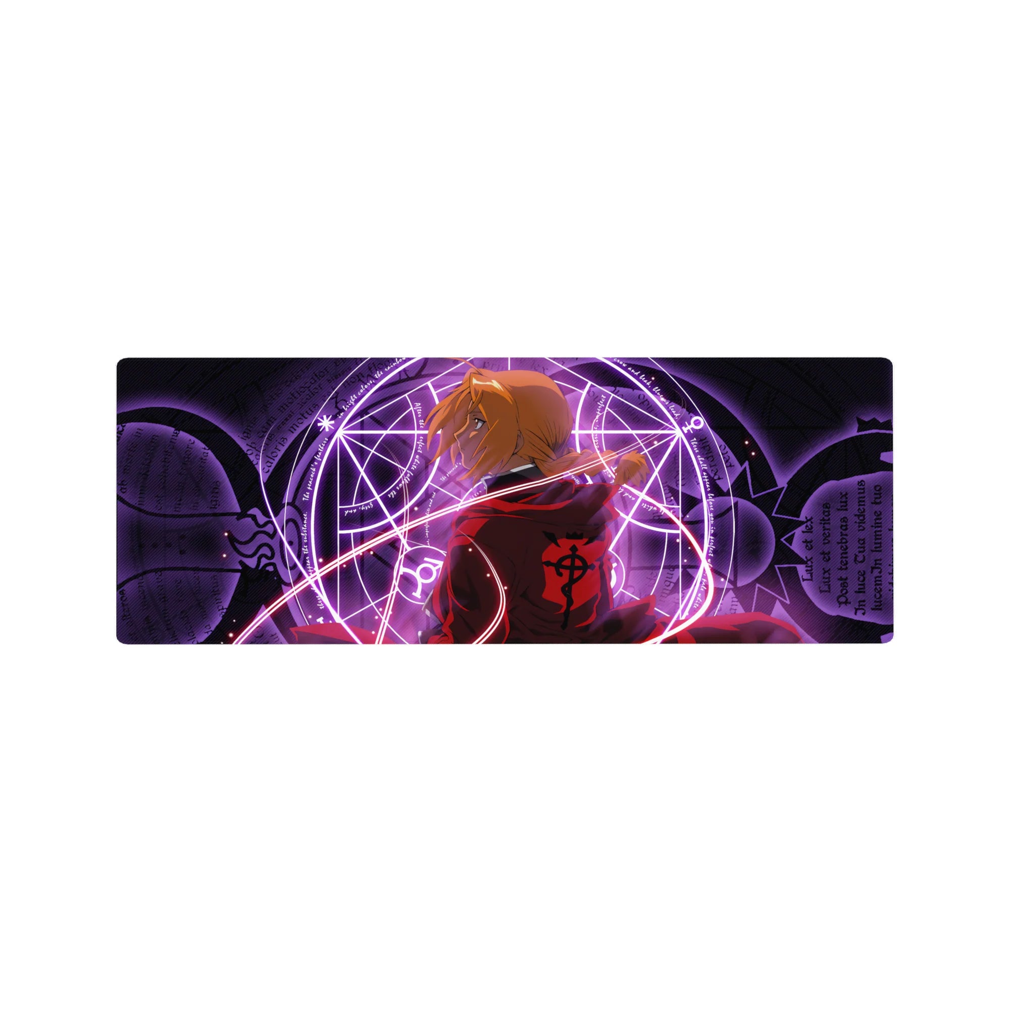 Fullmetal Alchemist anime mouse pad, 32x12 inches, red coat design with glowing alchemy circle.