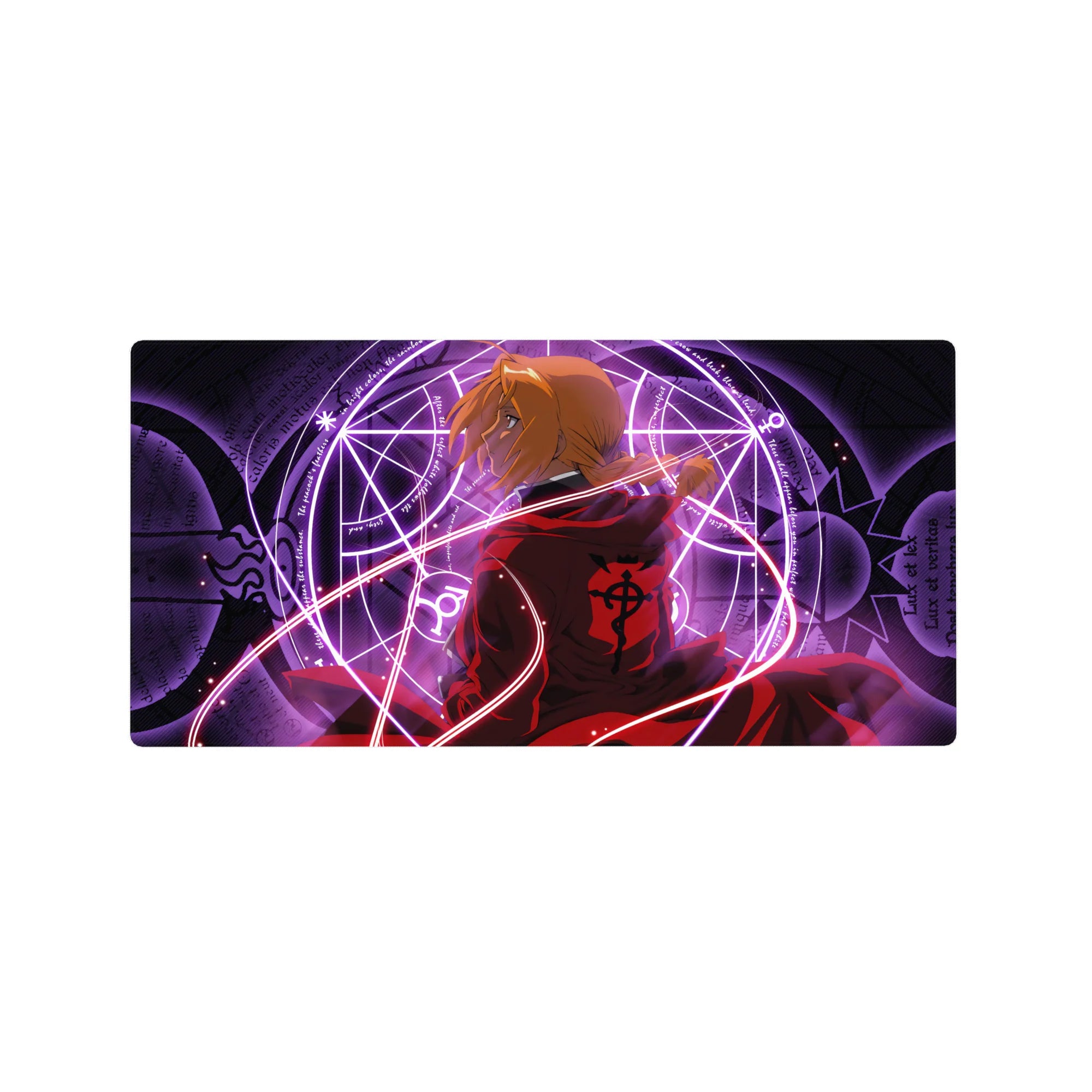 Fullmetal Alchemist anime mouse pad 32x16 inches with red coat, alchemy circle, and dramatic energy.