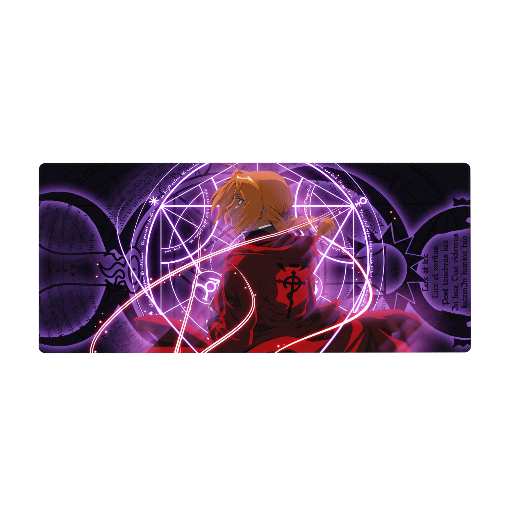 Fullmetal Alchemist anime desk pad, Edward Elric with glowing alchemy circle, 36x16 inches.