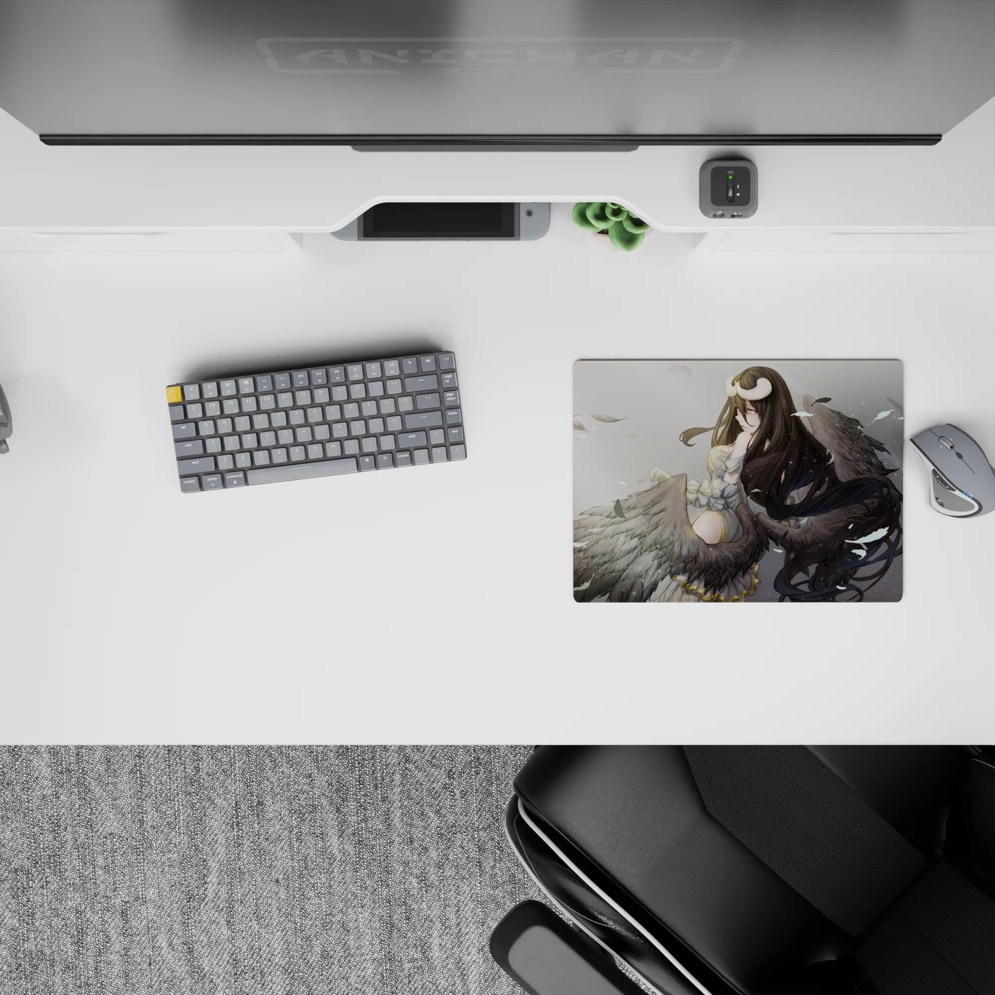 Anime mouse pad featuring Albedo from Overlord, 14x10 inches, with soft ivory tones, charcoal shadows, and golden highlights.