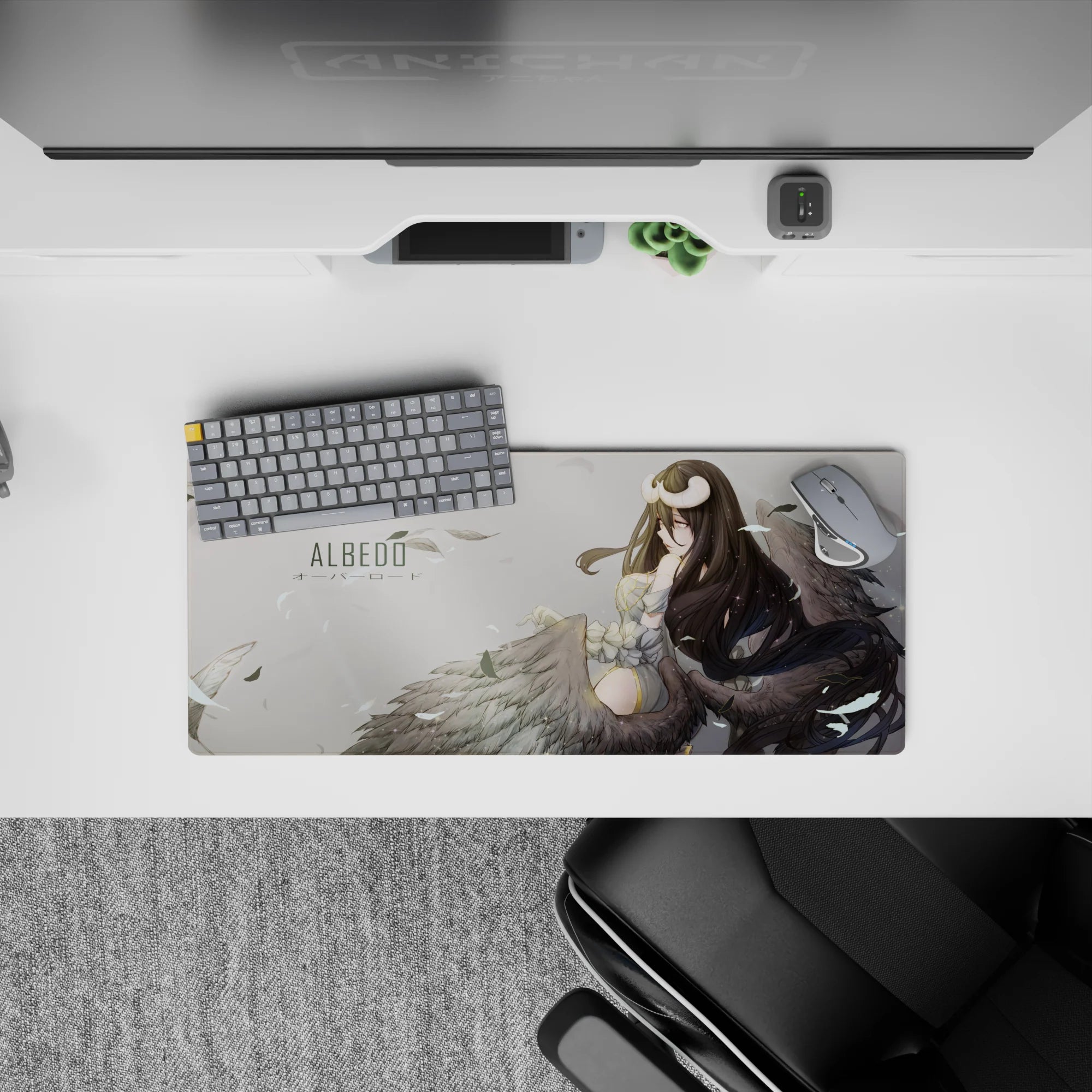 Anime mouse pad 28x12 inches featuring Albedo from Overlord, showcasing ivory, charcoal, and gold colors with dark wings.