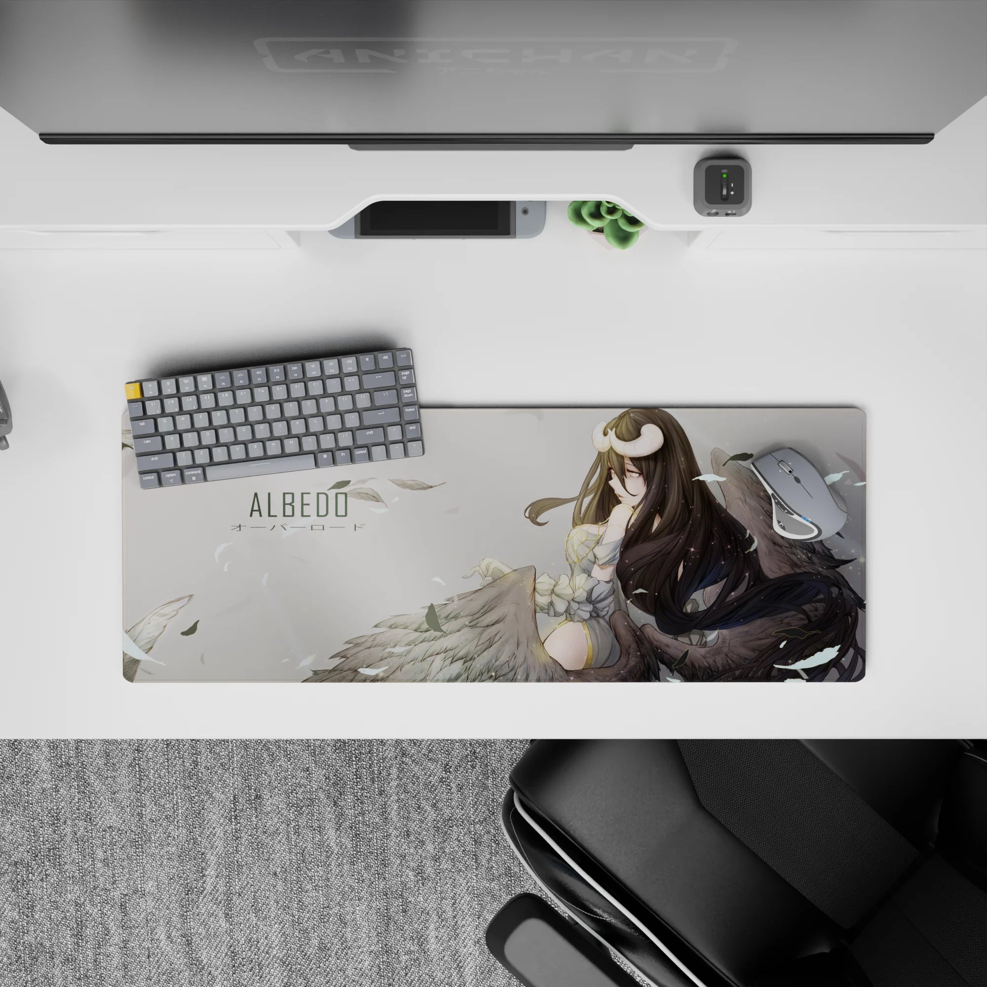 Anime mouse pad featuring Albedo from Overlord, size 32x12 inches, displaying elegant ivory, charcoal, and gold shades.