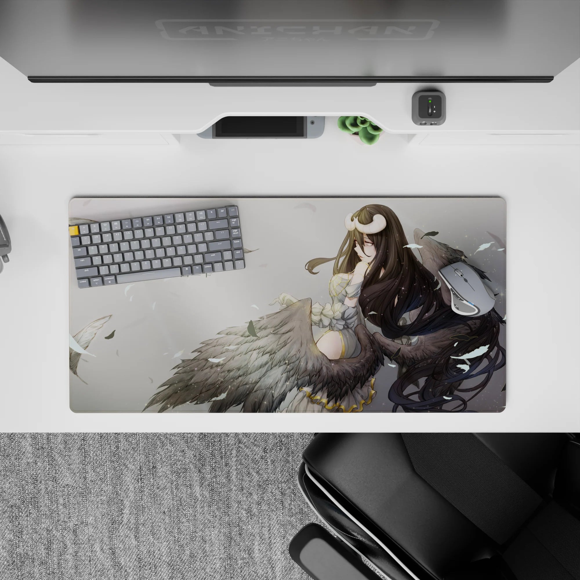 Anime mouse pad, 32x16 inches, featuring Albedo from Overlord with dark wings, ivory tones, and ethereal background.