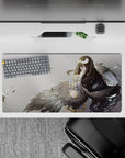 Anime mouse pad, 32x16 inches, featuring Albedo from Overlord with dark wings, ivory tones, and ethereal background.