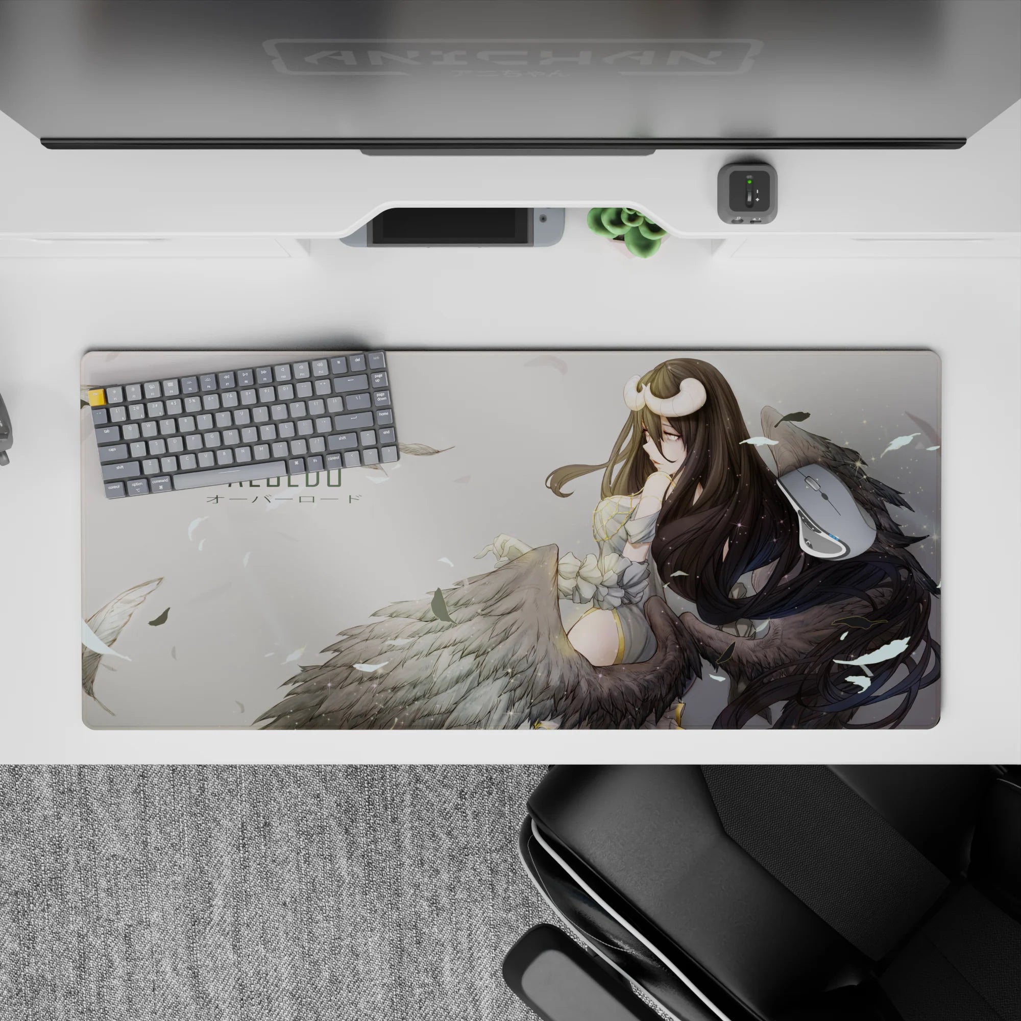 Anime desk pad featuring Albedo from Overlord, sized 36x16 inches, with dark wings and a dreamy, ethereal background.